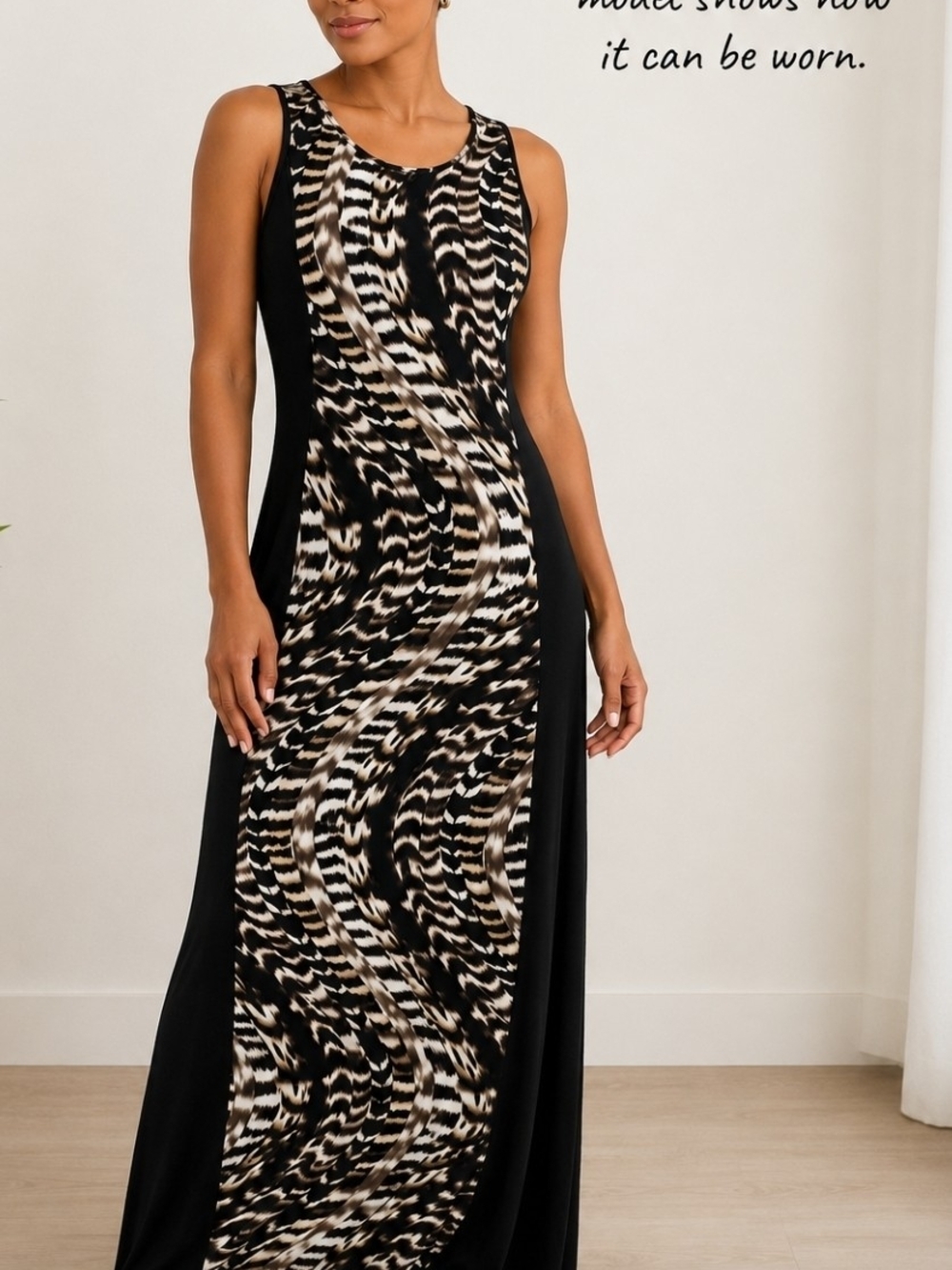 Calvin Klein Abstract Animal Print Maxi Dress Sleeveless Black Tan Small